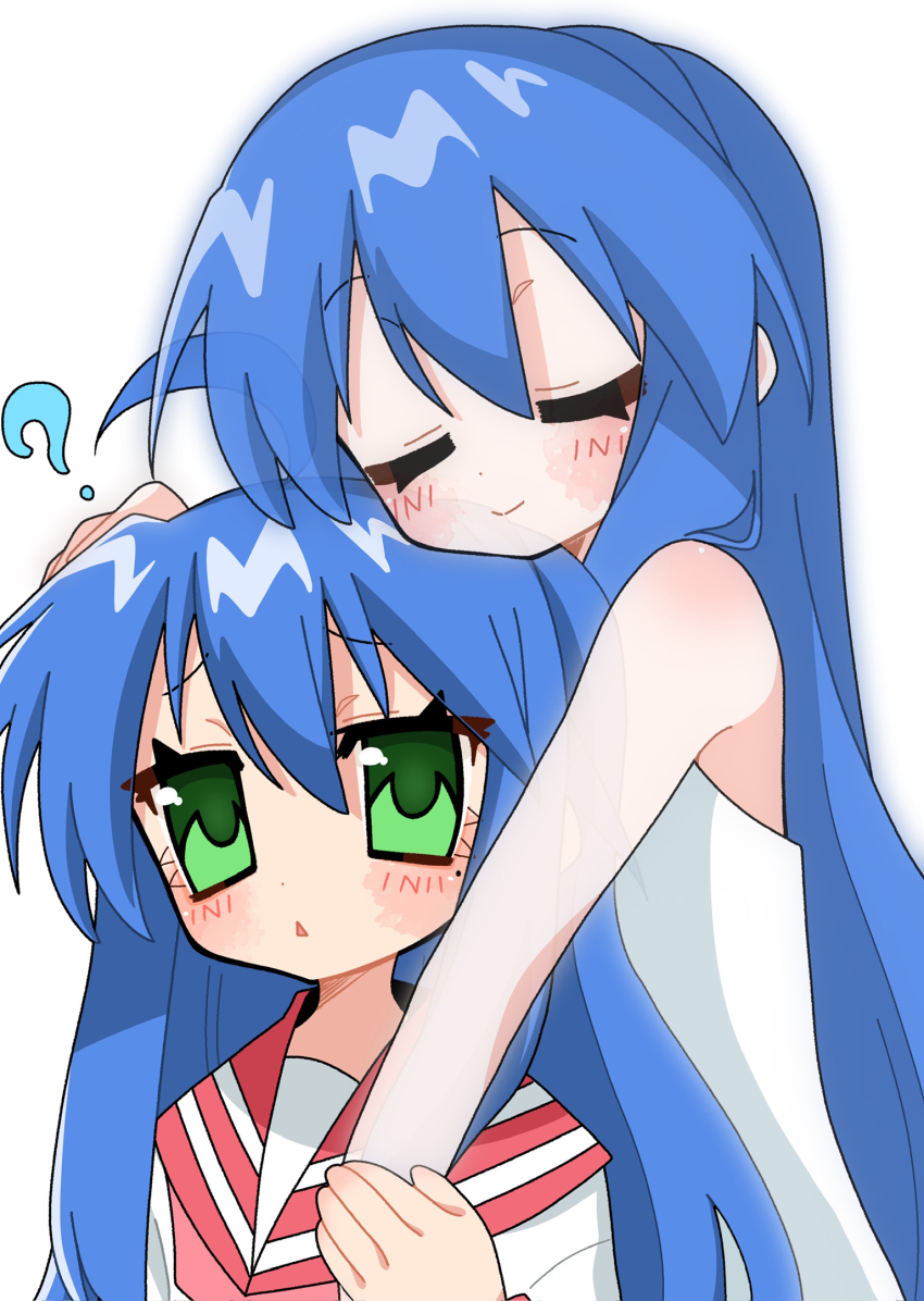 2girls ? ahoge aoiuna blue_hair blush closed_eyes commentary_request dress ghost green_eyes hand_on_another&#039;s_head highres hug izumi_kanata izumi_konata long_hair lucky_star mole mole_under_eye mother_and_daughter multiple_girls school_uniform serafuku sleeveless sleeveless_dress smile triangle_mouth