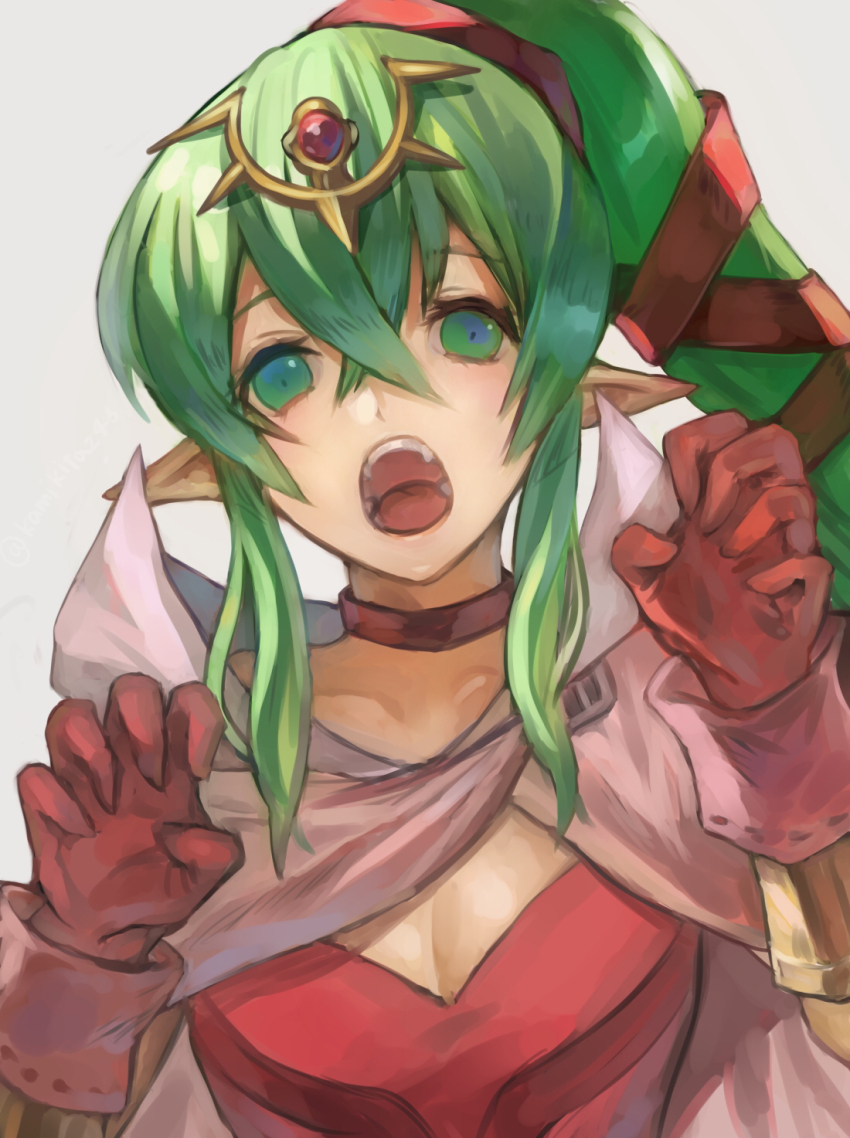 1girl breasts claw_pose cleavage commentary_request crossed_bangs double-parted_bangs fire_emblem fire_emblem_awakening gloves green_eyes green_hair hair_between_eyes high_ponytail highres long_hair looking_at_viewer mai_yukari medium_breasts nintendo open_mouth pointy_ears ponytail red_gloves solo tiki_(adult)_(fire_emblem) tiki_(fire_emblem) tongue