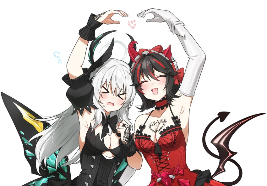 &gt;_&lt; 2girls black_dress black_hair black_sleeves breasts broken_horn butterfly_wings chest_tattoo choker cleavage closed_eyes demon_horns demon_tail dress elbow_gloves feather_hair_ornament feathers frilled_choker frills gloves grey_hair hair_between_eyes hair_ornament highres horns insect_wings juliet_sleeves large_breasts liv:_empyrea_(dreamcatcher)_(pgr) liv:_empyrea_(pgr) liv_(pgr) long_hair long_sleeves lucia:_plume_(pgr) lucia:_plume_(vermillion_bargain)_(pgr) lucia_(pgr) maid_headdress medium_hair multicolored_hair multiple_girls myam_(123ab456c) puffy_sleeves punishing:_gray_raven red_choker red_dress red_hair red_horns short_sleeves sidelocks smile spade_(shape) streaked_hair sweatdrop tail tattoo white_background white_gloves wing_hair_ornament wings