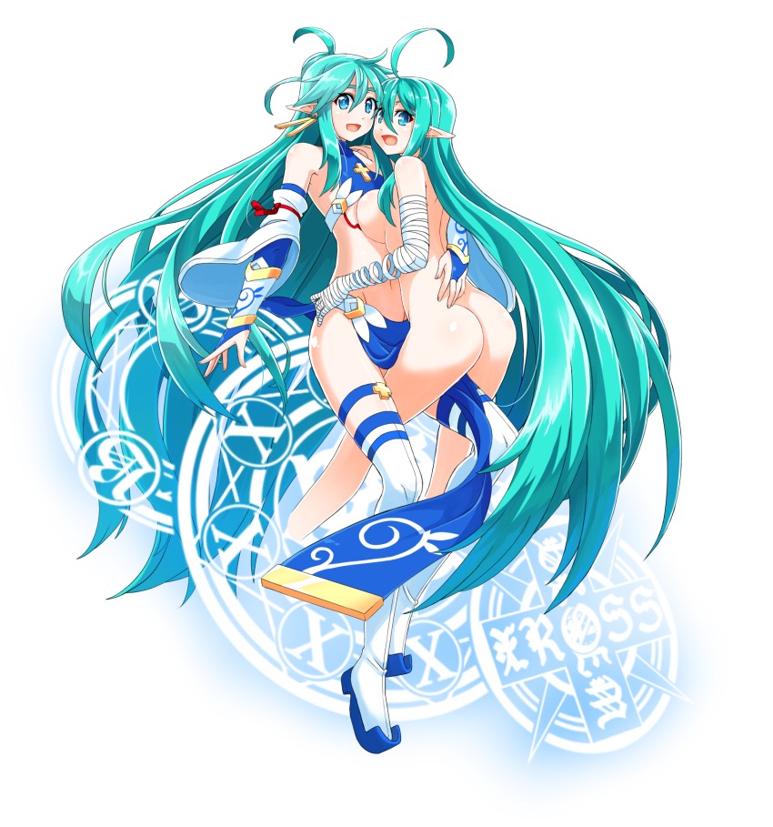 1boy 1girl ahoge ass bandages blue_eyes boots breast_press breasts bridal_gauntlets cross earrings goushu green_hair hetero highres hug jewelry large_breasts long_hair looking_at_viewer looking_back m.u.g.e.n magic_circle mia_misciano mira_misciano nude open_mouth original pointy_ears revision smile thigh_boots thighhighs trap very_long_hair