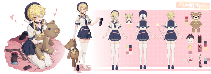 1boy absurdres badge bandaged_arm bandages bandaid bandaid_on_arm bandaid_on_face belt beret black_shoes blonde_hair blue_necktie blush bow braid button_badge cellphone choker clothes_hanger coin_(ornament) crossdressing envy_elika_(koyashaka) eyepatch fang hair_between_eyes hair_ornament hairpin hat hat_bow heart highres incredibly_absurdres kneeling koyashaka looking_at_viewer male_focus medical_eyepatch midriff multiple_hairpins necktie nintendo_switch one_eye_covered open_mouth original pale_skin phone phone_with_ears pink_belt reference_sheet ribbon sailor_collar school_uniform serafuku shoes short_hair_with_long_locks side_braid skirt smartphone smartphone_case smile solo stuffed_animal stuffed_toy teddy_bear thighhighs trap white_background white_bow x_hair_ornament yellow_eyes