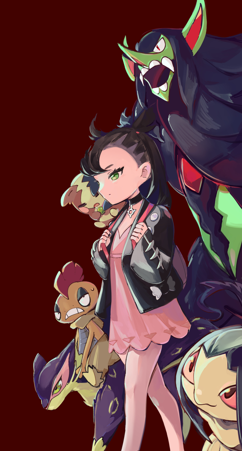 1girl absurdres asymmetrical_bangs backpack bag black_choker black_hair black_jacket black_nails choker closed_mouth commentary dress gen_3_pokemon gen_5_pokemon gen_8_pokemon green_eyes grimmsnarl highres jacket liepard marnie_(pokemon) mawile morpeko morpeko_(full) nintendo on_shoulder pink_dress pokemon pokemon_(creature) pokemon_on_shoulder pokemon_swsh raworionsalad red_background scrafty simple_background twintails undercut walking
