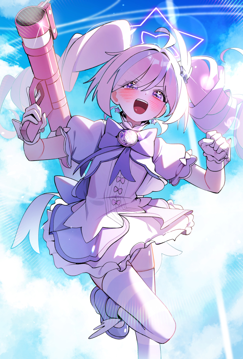 1girl absurdres ahoge blue_archive blue_sky blush day dress gloves halo highres holding holding_rocket_launcher holding_weapon long_hair looking_at_viewer open_mouth panties pink_dress pink_hair puffy_short_sleeves puffy_sleeves purple_eyes purple_hair reisa_(blue_archive) reisa_(magical)_(blue_archive) rocket_launcher short_sleeves sky smile solo star_halo striped_clothes striped_panties striped_thighhighs thighhighs twintails underwear weapon white_gloves whonyang