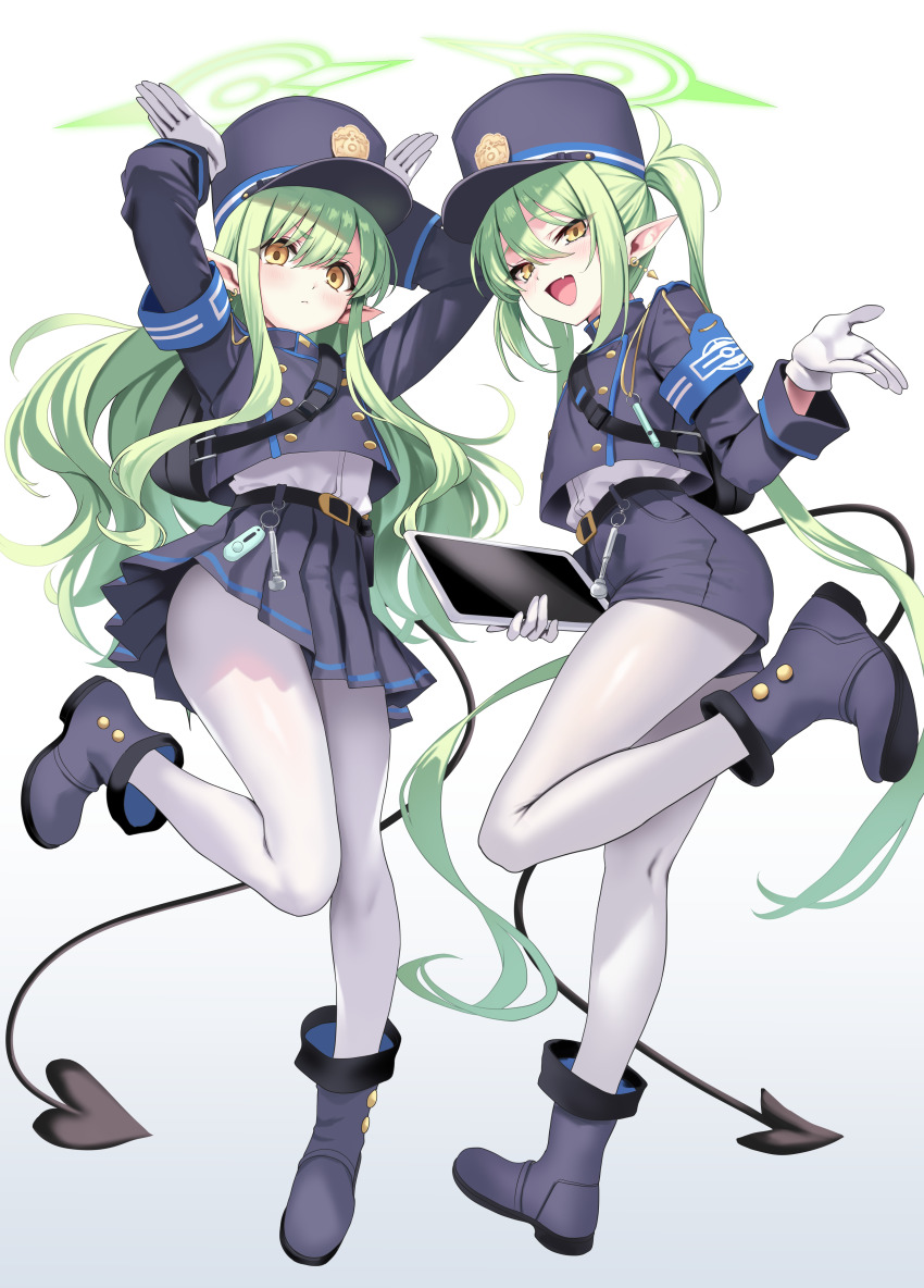 2girls :d absurdres armband arms_up backpack bag belt black_bag black_boots black_hat black_jacket black_shorts black_skirt blue_archive blue_armband boots buttons commentary cropped_jacket demon_girl demon_tail double-breasted earrings fang full_body gloves gradient_background green_hair green_halo hair_between_eyes halo hat hidis0086 highres hikari_(blue_archive) holding holding_tablet_pc jacket jewelry leg_up long_hair looking_at_viewer multiple_girls nozomi_(blue_archive) open_mouth pantyhose pleated_skirt pointy_ears rabbit_pose shirt short_shorts shorts siblings sidelocks simple_background single_earring sisters skin_fang skirt smile tablet_pc tail twins twintails very_long_hair white_background white_gloves white_pantyhose white_shirt yellow_eyes