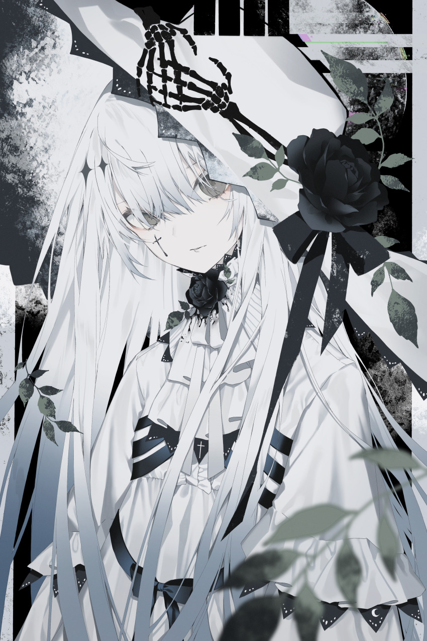 1girl absurdres ascot black_flower cross cross_facial_mark facial_mark flower grey_eyes hair_between_eyes hat hat_flower highres kotarou_(kot_mochi) latin_cross leaf long_hair long_sleeves looking_at_viewer neck_flower original pale_skin shirt solo upper_body very_long_hair white_ascot white_hair white_hat white_shirt