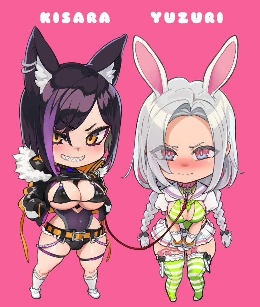 2girls animal_ears bikini bikini_top_only black_hair blush chibi collar highres holding holding_leash kisara_(ookuma_nekosuke) leash leotard leotard_under_clothes multiple_girls ookuma_nekosuke original pink_background rabbit_ears red_eyes sex_toy short_hair skirt striped_bikini_top striped_clothes striped_thighhighs swimsuit thighhighs white_hair yellow_eyes