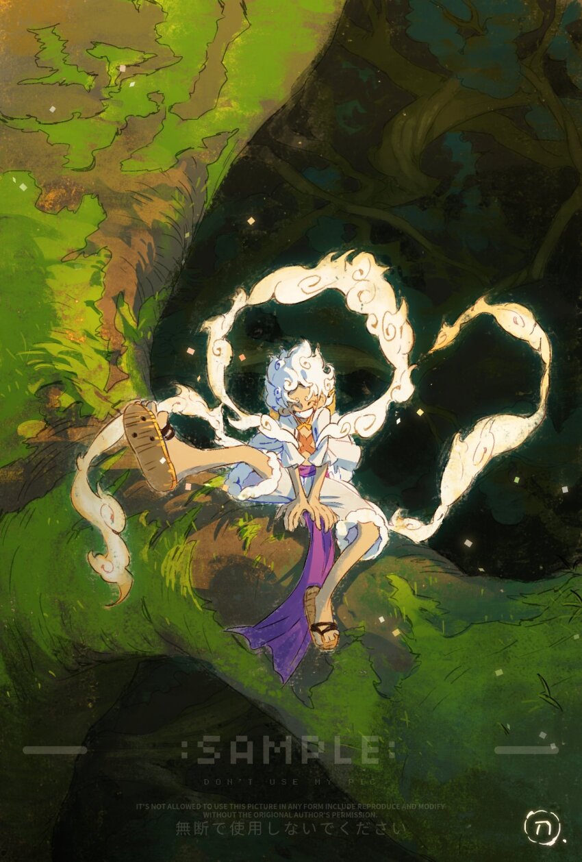 1boy ^_^ closed_eyes commentary english_commentary full_body hagoromo highres leg_up male_focus monkey_d._luffy on_tree one_piece open_clothes open_shirt purple_sash sample_watermark sandals sash scar scar_on_chest scar_on_face shawl shirt short_hair shorts siyangou49 solo tree watermark white_hair white_shirt white_shorts