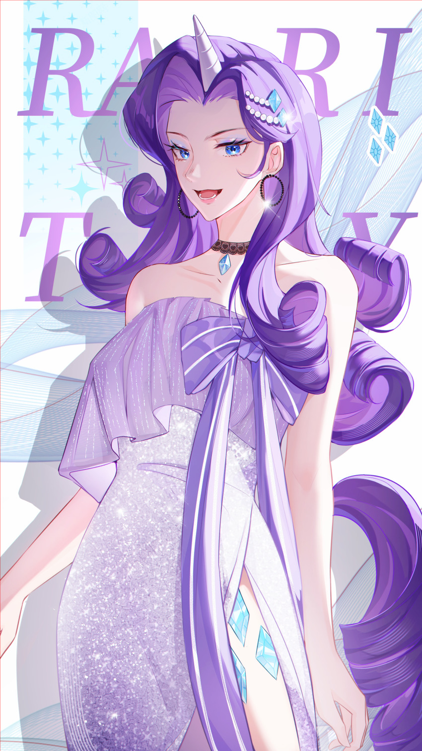1girl absurdres beads black_choker blue_eyes breasts choker dress earrings hair_beads hair_ornament highres jewelry long_hair my_little_pony my_little_pony:_friendship_is_magic open_mouth personification purple_dress purple_hair rarity_(my_little_pony) shenjudongmandabanban smile solo unicorn white_dress