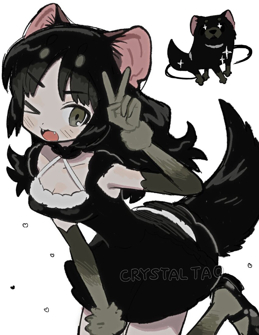 &gt;_o 1girl animal badger badger_ears badger_girl badger_tail black_dress black_hair commentary_request dress elbow_gloves fangs gloves green_eyes hand_up highres long_hair looking_at_viewer one_eye_closed original solo standing standing_on_one_leg taonoinu v white_background