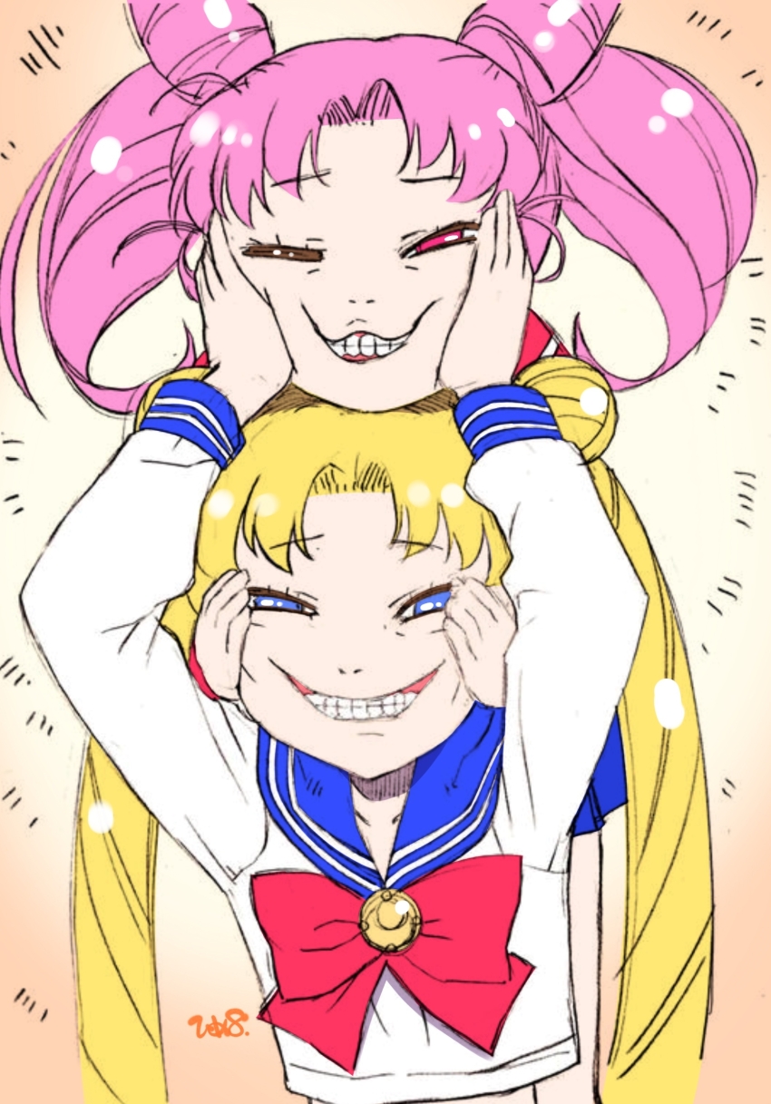 2girls arms_up bishoujo_senshi_sailor_moon blonde_hair blue_eyes blue_sailor_collar bow cheek_pull cheek_squash chibi_usa cone_hair_bun double_bun forced_smile grin hair_bun highres himehachi_(hime8manga) long_hair long_sleeves medium_hair mother_and_daughter multiple_girls pink_hair red_bow red_eyes sailor_collar school_uniform serafuku smile teeth transformation_brooch_(sailor_moon) tsukino_usagi twintails