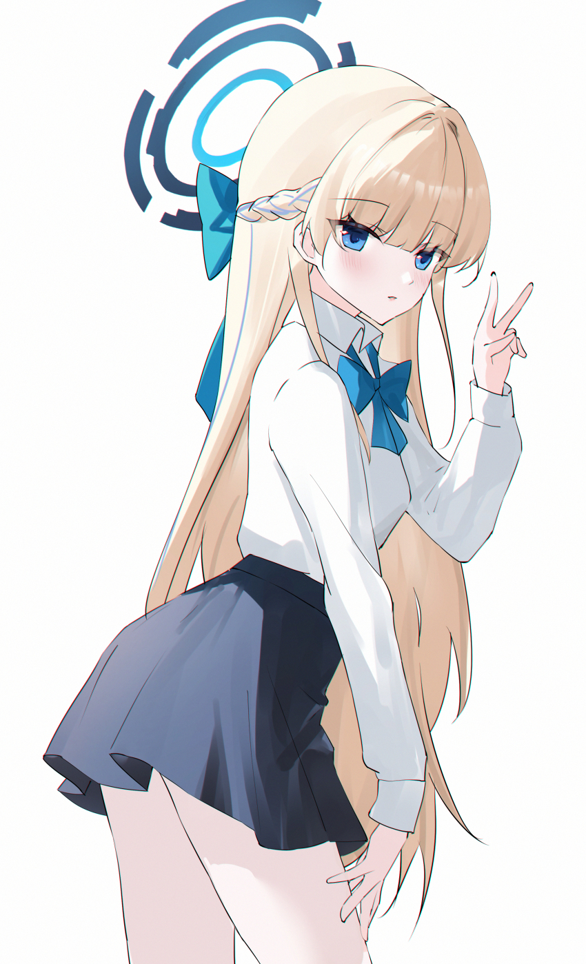 1girl absurdres aqua_bow aqua_bowtie blonde_hair blue_archive blue_eyes blue_skirt blush bow bowtie braid hair_bow half_up_braid halo highres long_hair long_sleeves looking_at_viewer looking_to_the_side miniskirt official_alternate_costume school_uniform shirt simple_background skirt solo thighs toki_(blue_archive) toki_(school_uniform)_(blue_archive) usagi_(786113654) v very_long_hair white_background white_shirt