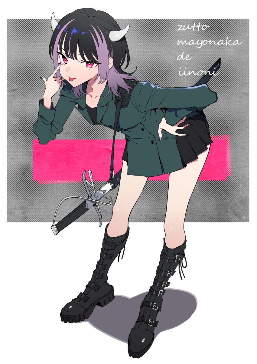 1girl :p absurdres akanbe black_boots black_hair black_nails black_shirt black_undershirt blunt_bangs boots collarbone colored_inner_hair copyright_name demon_horns eyelid_pull fingernails green_jacket green_skirt hand_on_own_hip highres horns jacket looking_at_viewer medium_hair miniskirt multicolored_hair nail_polish nira-chan nira-chan_(zanki)_(zutomayo) purple_hair red_eyes romaji_text shadow shirt skirt streaked_hair sword tongue tongue_out two-tone_hair weapon white_horns yuichi_(yuyuyupopcorn) zanki_(zutomayo) zutto_mayonaka_de_ii_no_ni