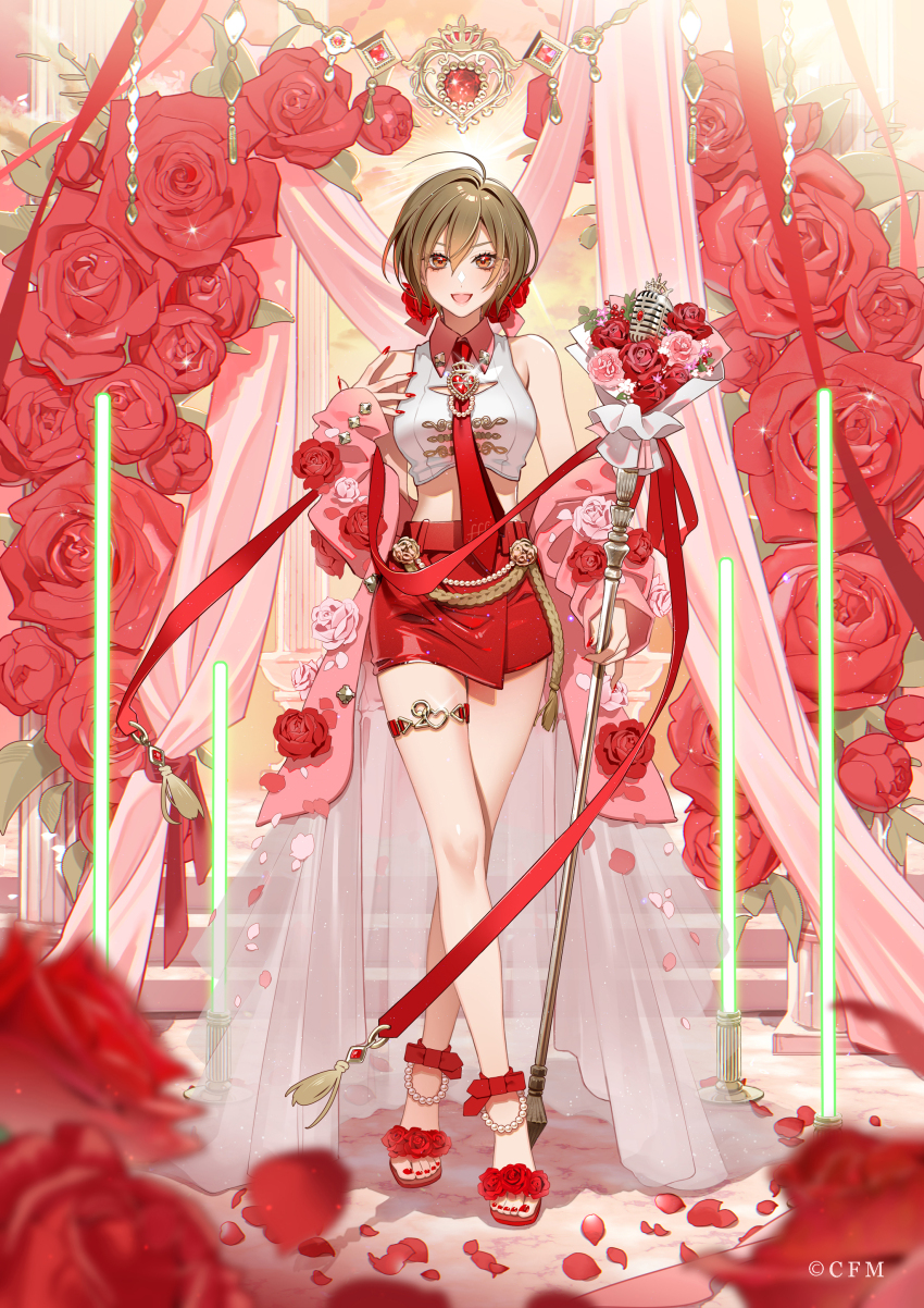 1girl :d absurdres ahoge brown_hair caracoro collared_shirt commentary_request company_name copyright_notice cropped_shirt fingernails flower full_body gem hair_between_eyes heart highres looking_at_viewer meiko_(vocaloid) microphone nail_polish official_art open_mouth pink_flower red_eyes red_flower red_gemstone red_nails red_rose red_skirt red_theme rose shirt skirt sleeveless sleeveless_shirt smile solo standing toenail_polish toenails toes vocaloid white_shirt