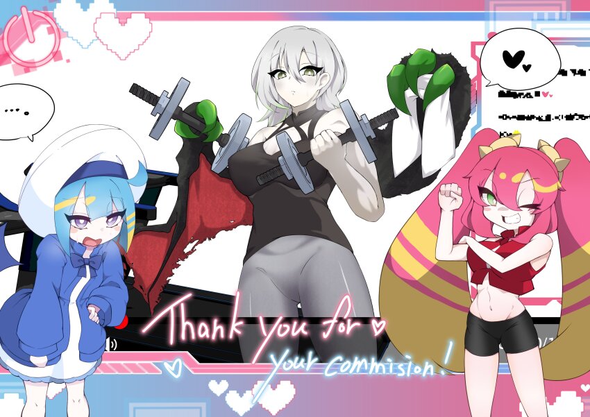 3girls absurdres bare_shoulders black_shirt black_shorts blonde_hair blue_hair blue_jacket breasts commission cowboy_shot dress duel_monster eriya_(erizatta0045) green_hair grey_hair grey_pantyhose highres jacket ki-sikil_(yu-gi-oh!) large_breasts lil-la_(yu-gi-oh!) live_twin_ki-sikil live_twin_lil-la livestream long_hair medium_hair missing_commentary multicolored_hair multiple_girls muscular muscular_female pantyhose pink_hair purple_eyes red_vest shirt short_hair shorts skeb_commission streaked_hair twintails two-tone_hair vest weight white_dress yu-gi-oh!