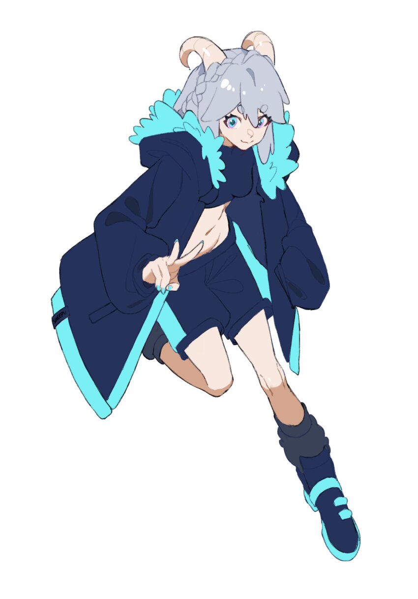 1girl ankle_boots asymmetrical_bangs black_socks blue_boots blue_eyes blue_nails blue_shirt blue_trim boots braid breasts closed_mouth coat commentary crop_top cropped_shirt cross-shaped_pupils crown_braid curled_horns dot_nose english_commentary fingernails full_body fur-trimmed_coat fur_trim goat_girl goat_horns grey_hair hair_between_eyes hand_in_pocket hand_up high_heel_boots high_heels highres hood hood_down hooded_coat horns invisible_floor karassawa kneehighs knees leaning_forward leg_up long_eyelashes long_fingernails long_legs long_sleeves looking_at_viewer looking_to_the_side looking_up loose_socks medium_hair midriff multicolored_boots navel open_clothes open_coat original parted_bangs puffy_long_sleeves puffy_sleeves raised_eyebrows shirt shorts sidelocks simple_background single_braid small_breasts smile socks solo standing standing_on_one_leg symbol-shaped_pupils tag thick_eyebrows thick_eyelashes tight_clothes tight_shirt turtleneck turtleneck_shirt two-tone_boots two-tone_shorts v v-shaped_eyebrows white_background