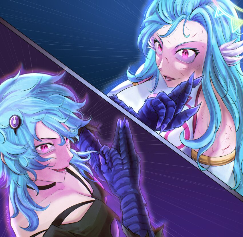 2girls akeno(itsnafulol) blue_hair breasts bruise bruise_on_face capella_emerada_lugnica_(cosplay) cuts domain_expansion dragon_claw fang frankino glowing glowing_eyes hair_between_eyes hair_ornament halo hand_signs huge_breasts injury japanese_(nationality) jujutsu_kaisen multiple_girls no_game_no_life parody pink_eyes re:zero_kara_hajimeru_isekai_seikatsu scales slit_pupils textless_version