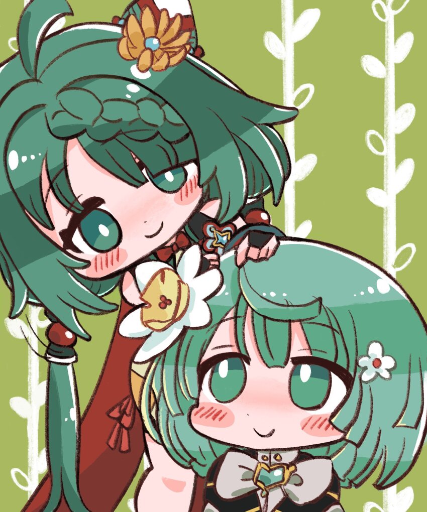 2girls ahoge black_jacket blunt_ends blush_stickers bow bowtie braid braided_bangs cape collared_shirt cone_hair_bun dot_nose flower green_background green_eyes green_hair hair_bun hair_flower hair_ornament hand_on_another&#039;s_head heruka_(madoka_magica) highres jacket leon0510 long_hair looking_at_another low_twintails magia_record:_mahou_shoujo_madoka_magica_gaiden mahou_shoujo_madoka_magica multiple_girls natsume_kako portrait red_bow red_bowtie red_cape shirt short_hair smile twintails very_long_hair white_bow white_bowtie white_flower yellow_flower