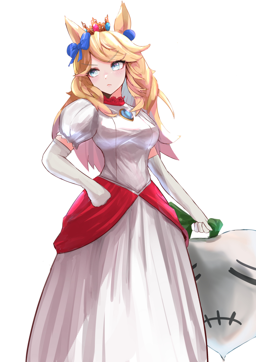 &gt;:( 1girl absurdres animal_ears blonde_hair blue_bow blue_eyes bow breasts brooch commentary_request cosplay cowboy_shot crown dress elbow_gloves fire_peach gloves gold_city_(umamusume) hair_bow highres horse_ears jewelry long_hair mario_(series) medium_breasts mini_crown nintendo princess_peach princess_peach_(cosplay) puffy_short_sleeves puffy_sleeves radish rakasei5050 short_sleeves simple_background solo standing super_smash_bros. turnip_(mario) umamusume v-shaped_eyebrows white_background white_dress white_gloves