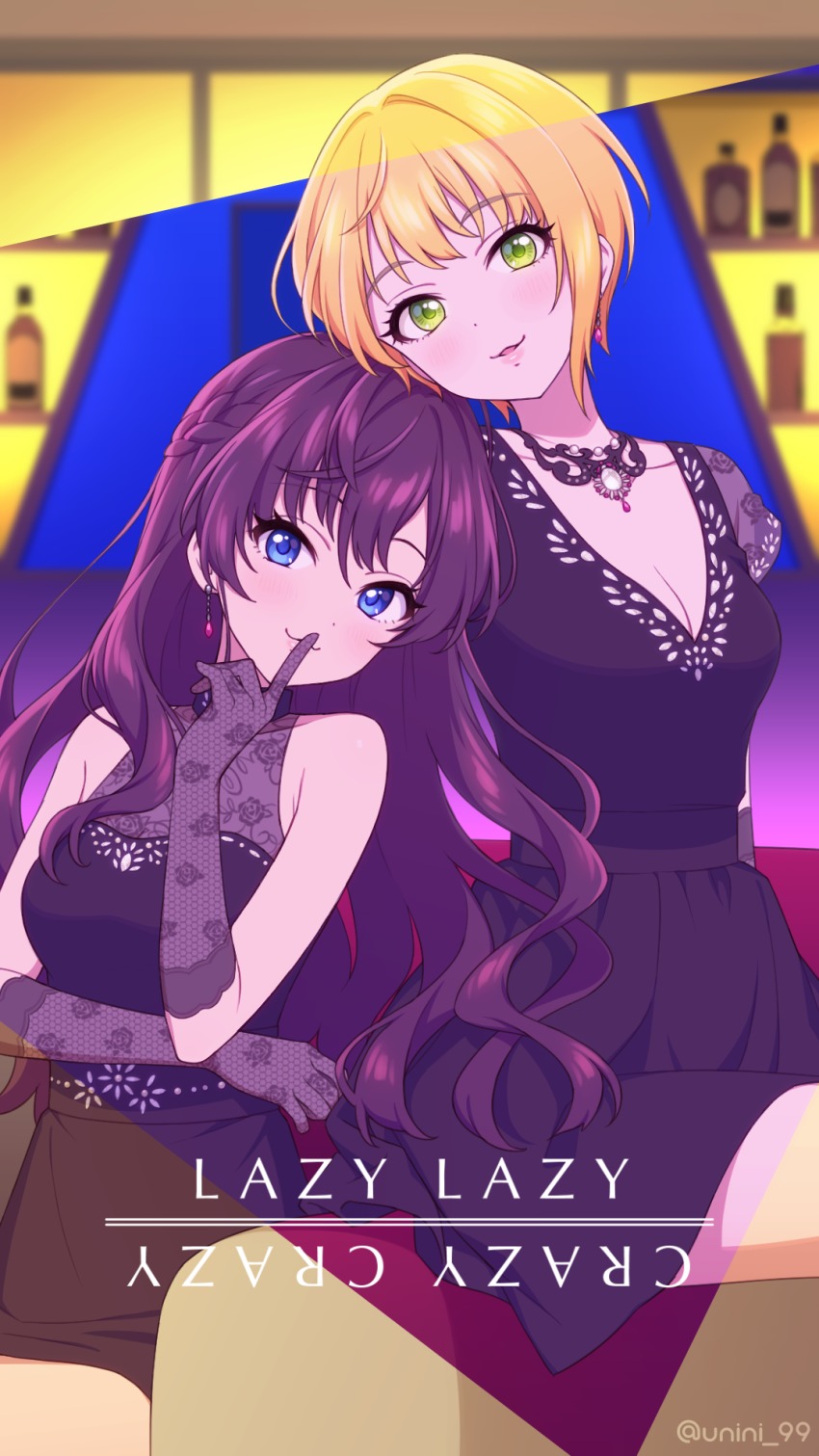 2girls agata_(agatha) ahoge bad_id bad_pixiv_id bare_shoulders black_dress black_gloves blonde_hair blue_eyes blush braid breasts brown_hair cleavage collarbone commentary_request crazy_crazy_(idolmaster) dress earrings elbow_gloves eyelashes finger_to_mouth floating_earrings floral_print french_braid gloves green_eyes hair_between_eyes highres ichinose_shiki idolmaster idolmaster_cinderella_girls idolmaster_cinderella_girls_starlight_stage index_finger_raised jewelry long_hair looking_at_viewer medium_breasts miyamoto_frederica multiple_girls parted_lips see-through_clothes see-through_cleavage short_hair sitting smile stenciled_rose wavy_hair