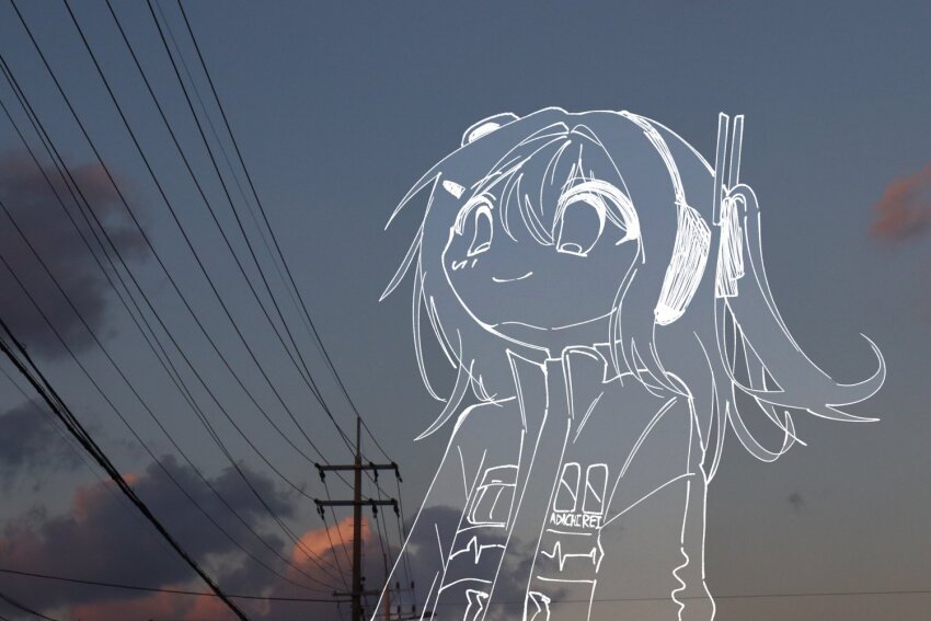 1girl a.i._voice adachi_rei closed_mouth cloud evening jacket lineart one_side_up open_clothes open_jacket outdoors photo_background power_lines smile sn_(sn_utu00) solo upper_body utau