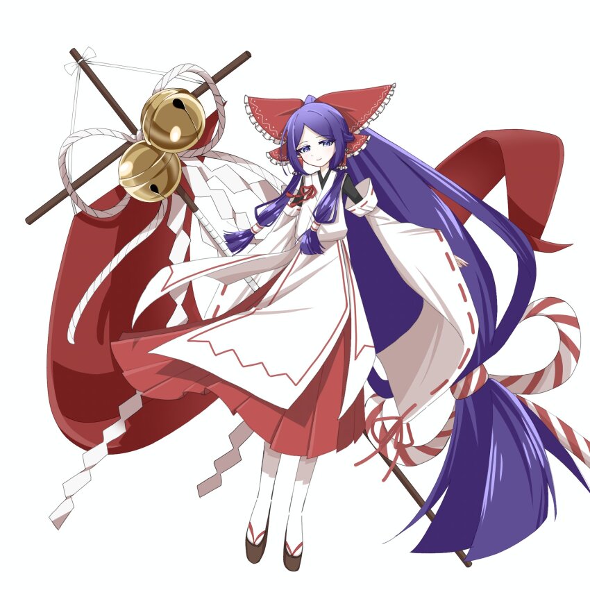 1girl absurdly_long_hair bell black_undershirt blunt_ends bow chihaya_(clothing) closed_mouth commentary detached_sleeves foul_detective_satori frilled_bow frilled_hair_tubes frills full_body fuyuakatsuki_00 gensokyo&#039;s_first_hakurei_miko hair_bow hair_flaps hair_tubes hakama hakama_skirt highres holding japanese_clothes jingle_bell light_smile long_hair long_sleeves looking_at_viewer low-tied_long_hair low-tied_sidelocks miko ofuda okobo platform_sandals purple_eyes purple_hair red_bow red_ribbon red_skirt ribbon ribbon-trimmed_sleeves ribbon_trim rope sandals shide sidelocks simple_background skirt solo standing tassel touhou very_long_hair white_background white_sleeves wide_sleeves wind
