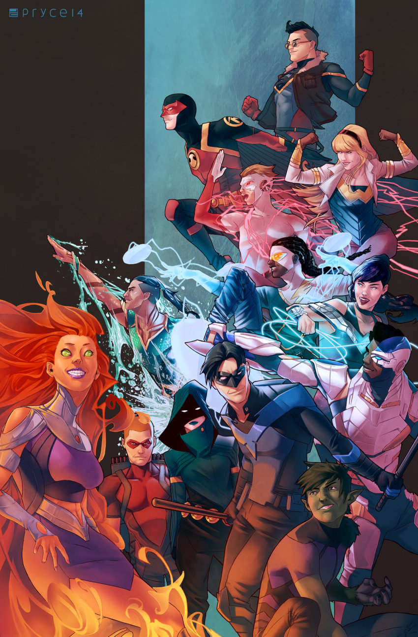 4girls 6+boys abs alien aqua_lad aqualad arm_cannon armor arrow_(projectile) bart_allen beast_boy_(dc) bodysuit cassandra_sandsmark cloak clothing_cutout colored_skin cyborg cyborg_(dc) dark_skin dc_comics dick_grayson domino_mask donna_troy dreadlocks electricity escrima_stick everyone fiery_hair fur fur_trim garfield_logan garth gills glowing glowing_eyes glowing_hair goggles green_eyes green_hair green_skin highres hood jacket jamal_campbell kid_flash kon-el lipstick long_hair looking_at_viewer makeup mask midriff monkey&#039;s_paw monster_boy monster_girl multiple_boys multiple_girls nail_polish nightwing orange_hair orange_skin pointy_ears quiver raven_(dc) red_robin roy_harper scale_armor shoulder_cutout smile solid_eyes spandex speedy starfire static_(dc) static_shock sunglasses superboy tattoo teen_titans tim_drake undercut very_long_hair victor_stone virgil_ovid_hawkins visor water weapon whip wings wonder_girl