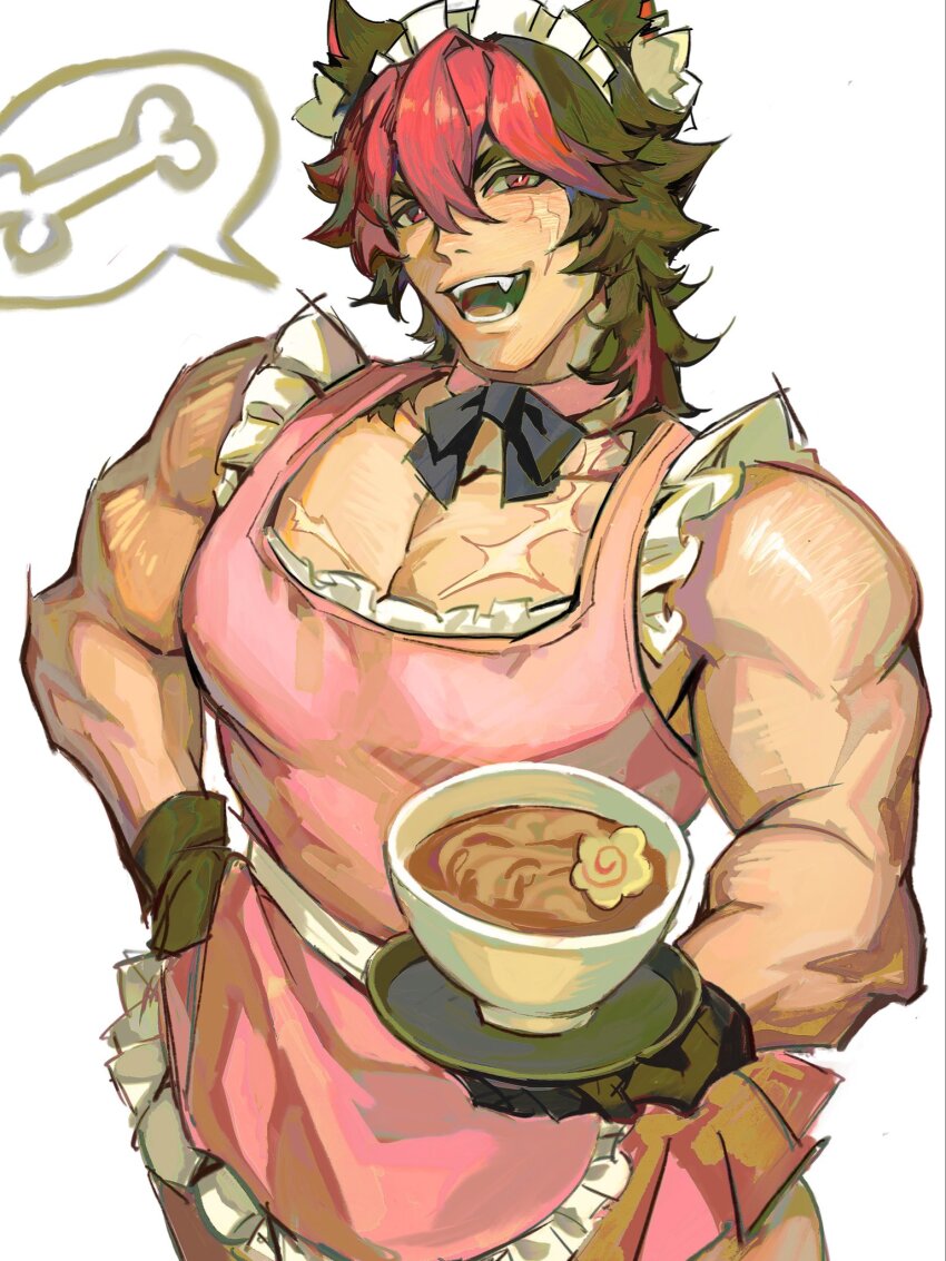 1boy animal_ear_fluff animal_ear_piercing animal_ears apron black_bow black_gloves black_hair bone bow bowl choker collarbone commentary cowboy_shot double-parted_bangs english_commentary facial_scar fangs fish_cake food frilled_apron frills gloves hair_between_eyes hand_on_own_hip highres holding holding_plate image_in_speech_bubble komano_manato looking_at_viewer maid_apron maid_headdress male_focus medium_hair multicolored_hair multiple_scars muscular muscular_male naked_apron noodles open_mouth pectoral_cleavage pectorals pink_apron pink_choker plate ramen red_eyes red_hair scar scar_on_cheek scar_on_chest scar_on_face simple_background smile solo speech_bubble teeth two-tone_hair white_background yaoyuniz55275 zenless_zone_zero