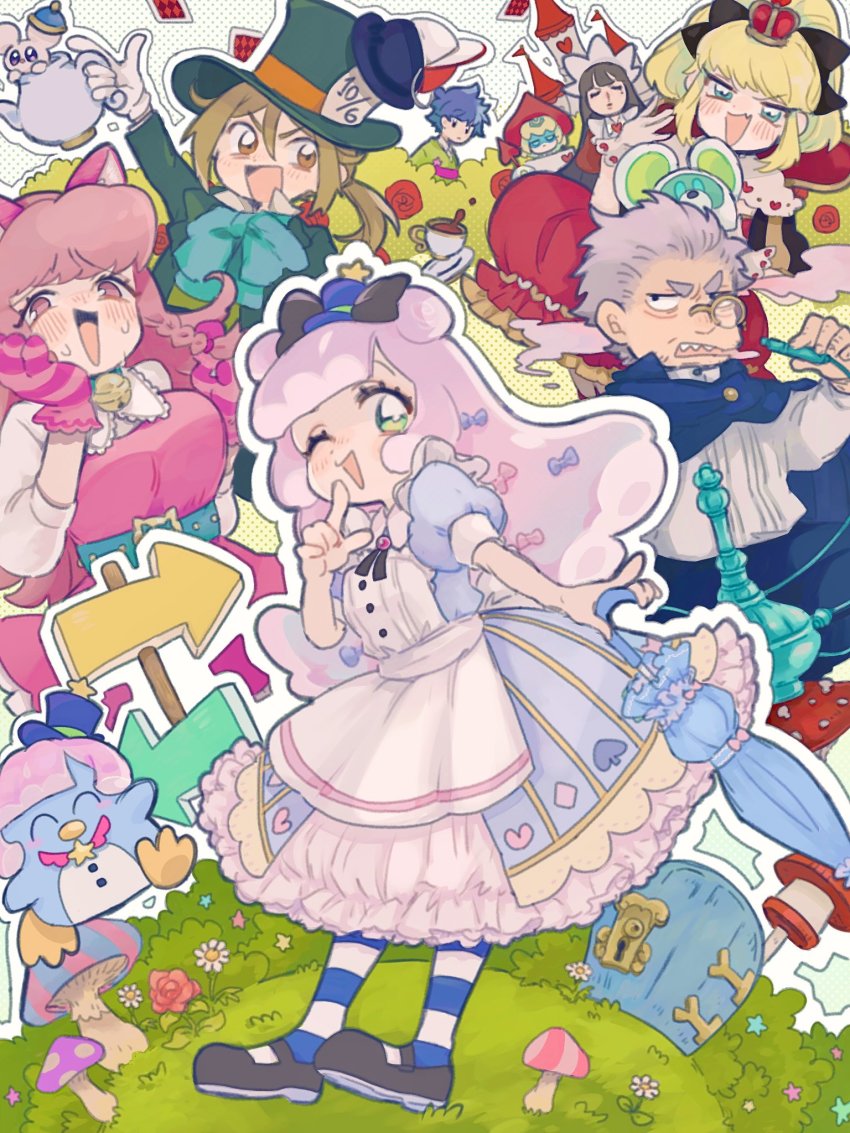 alice_(alice_in_wonderland) bird blonde_hair blunt_bangs brown_eyes brown_hair castle double_bun dress green_eyes hair_bun highres kawaii_kotarou kirara_mimi long_hair monocle multiple_boys multiple_girls mushroom nigako_(ooouch) pantyhose parody penguin pink_hair puniru_(puniru_wa_kawaii_slime) puniru_wa_kawaii_slime red_eyes red_hair runruun_(puniru_wa_kawaii_slime) short_hair striped_clothes striped_legwear striped_pantyhose virtual_youtuber