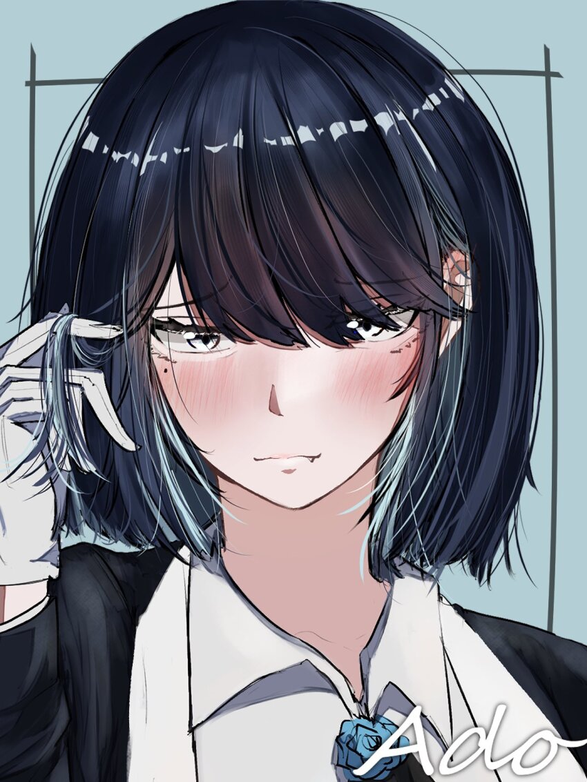 1girl ado_(utaite) alternate_hair_length alternate_hairstyle blue_flower blue_hair blue_rose blush bob_cut chando_(ado) character_name closed_mouth collared_shirt commentary_request fang flower gloves hand_in_own_hair highres long_sleeves looking_at_viewer mole mole_under_eye portrait rose shirt short_hair sidelocks solo tanake_(tanakei_ado) utaite white_eyes white_gloves white_shirt