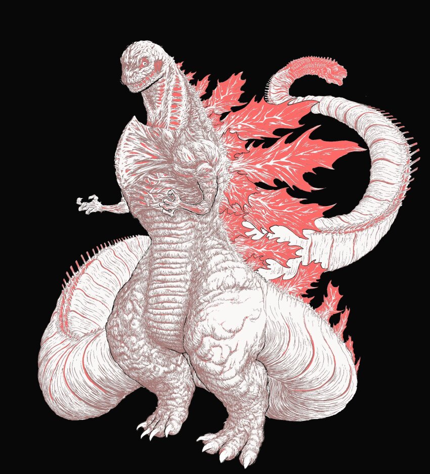 black_background black_eyes claws commentary dan_dagouglas english_commentary full_body godzilla godzilla_(series) godzilla_(shin) highres kaiju limited_palette looking_at_viewer monster muted_color no_humans open_mouth shin_godzilla simple_background solo spines standing tail_mouth toho