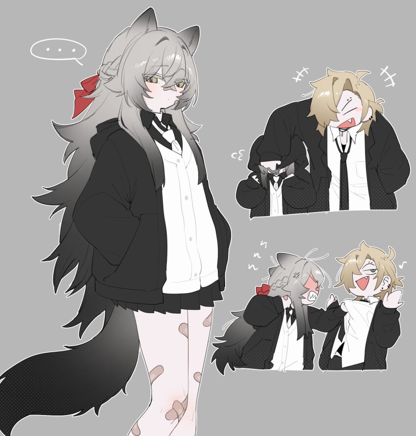 ... 1boy 1girl animal_ears bandaid bandaid_on_knee bandaid_on_leg black_jacket black_necktie black_shirt black_skirt blonde_hair collared_shirt degrees_of_lewdity eyebrow_piercing fang grey_background grey_hair hair_over_one_eye hands_in_pockets highres jacket kai_(drakkai10) long_hair looking_at_viewer loose_necktie multiple_views necktie open_clothes open_jacket open_mouth original piercing pleated_skirt shirt shoya_(kai_(drakkai10)) simple_background skirt speech_bubble tail white_jacket white_necktie white_shirt whitney_(degrees_of_lewdity) whitney_(male)_(degrees_of_lewdity)