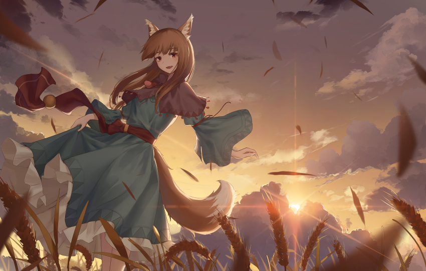 1girl animal_ears blue_dress brown_hair capelet cloud commentary_request dress fangs from_below highres holo long_hair outdoors pouch red_eyes revision skirt_hold spice_and_wolf standing sunset tail wheat wolf_ears wolf_girl wolf_tail ziran_majiang