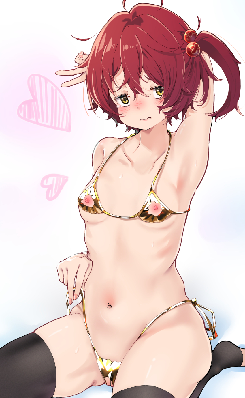 1girl absurdres aokaly arm_up armpits bikini black_thighhighs blush breasts closed_mouth collarbone gold_bikini hair_bobbles hair_ornament heart highres komari_chika make_heroine_ga_oo_sugiru! micro_bikini navel nipples one_side_up pussy red_hair ribs short_hair side-tie_bikini_bottom sitting small_breasts solo string_bikini swimsuit thighhighs thighs torn_bikini torn_clothes untied_bikini_bottom untying v wariza wavy_mouth yellow_eyes