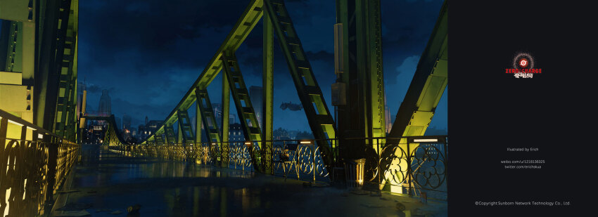 aircraft artist_name bridge building can chair cityscape cloud cloudy_sky commentary_request company_name copyright_notice dinergate_(girls&#039;_frontline) erich folding_chair girls&#039;_frontline highres litter magazine_(object) newspaper night night_sky no_humans non-humanoid_robot official_art outdoors river robot sangvis_ferri scenery sky skyscraper trash trash_can twitter_username variant_set watermark web_address weibo_username wet_ground