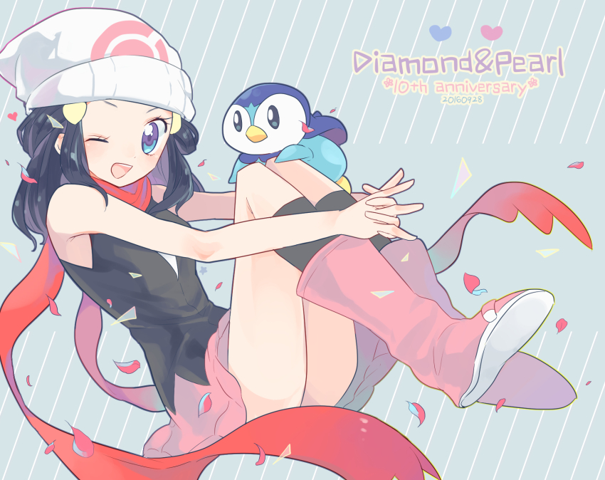 1girl ;d bare_arms bare_shoulders beanie bird black_hair black_shirt black_socks blue_eyes blush boots commentary_request convenient_censoring dawn_(pokemon) eyelashes gen_4_pokemon hair_ornament hairclip hat heart highres kneehighs knees_up medium_hair nago_celica nintendo one_eye_closed open_mouth own_hands_together penguin pink_boots pink_skirt piplup pokemon pokemon_(creature) pokemon_dppt red_scarf scarf shirt skirt sleeveless sleeveless_shirt smile socks white_hat