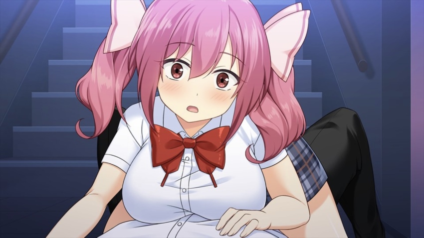 1boy 1girl araya_kazuki breasts large_breasts moe!_ninja_girls momochi_myu ntt_solmare official_art open_mouth pink_eyes pink_hair tagme