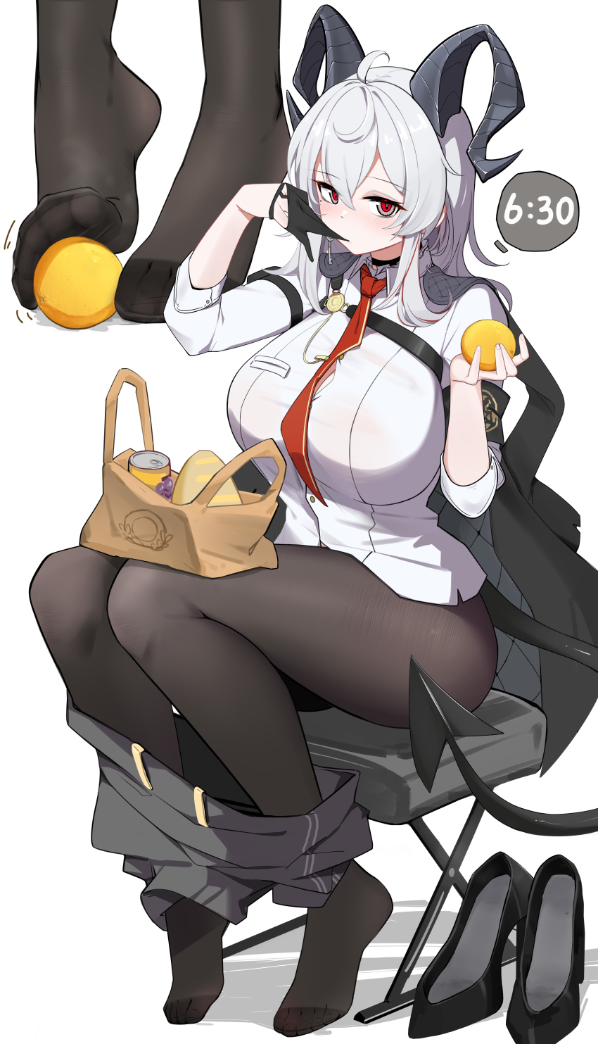 1girl absurdres armband biting biting_glove black_armband black_choker black_gloves black_horns black_pants black_pantyhose black_shoes black_tail blush breasts chest_harness chinese_commentary choker clothes_pull collared_shirt commentary_request curled_horns demon_tail fengqun food fruit gloves grey_hair harness high_heels highres holding holding_food holding_fruit horns large_breasts long_hair looking_at_viewer multicolored_hair necktie no_shoes on_chair orange_(fruit) pants pants_pull pantyhose red_eyes red_necktie shirt shoes simple_background sitting solo streaked_hair tail toes unworn_shoes white_background wuthering_waves zani_(wuthering_waves)