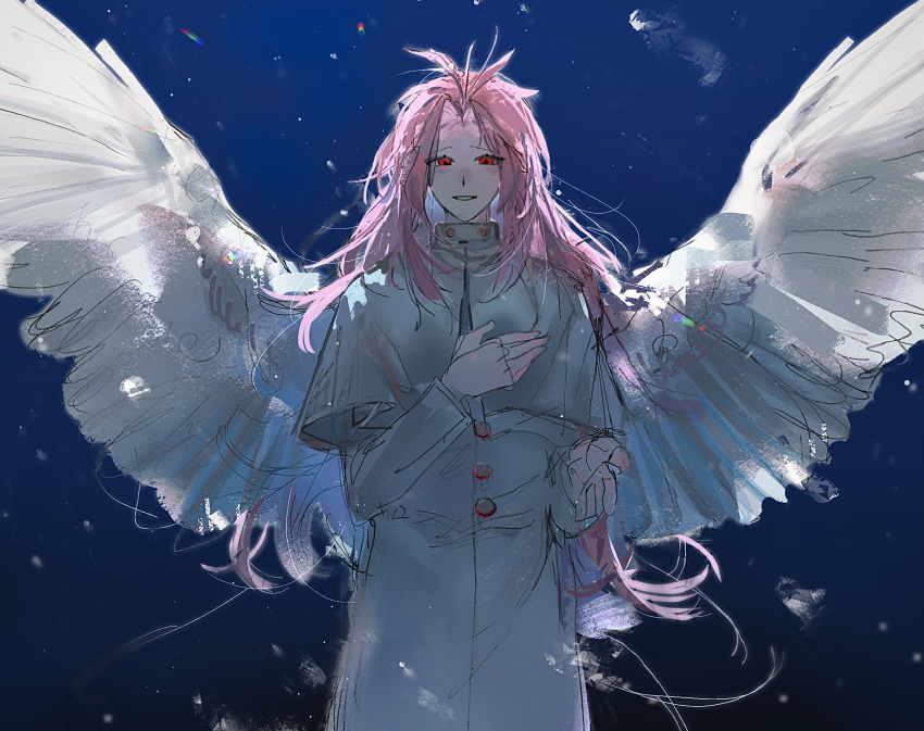 1boy blue_background capelet chinese_commentary coat commentary_request curtained_hair feathered_wings grey_capelet grey_coat hand_on_own_chest hatsutori_hajime heibaihuabing highres long_hair looking_at_viewer male_focus official_alternate_costume parted_bangs pink_hair red_eyes saibou_shinkyoku sketch smile solo upper_body very_long_hair white_wings wings