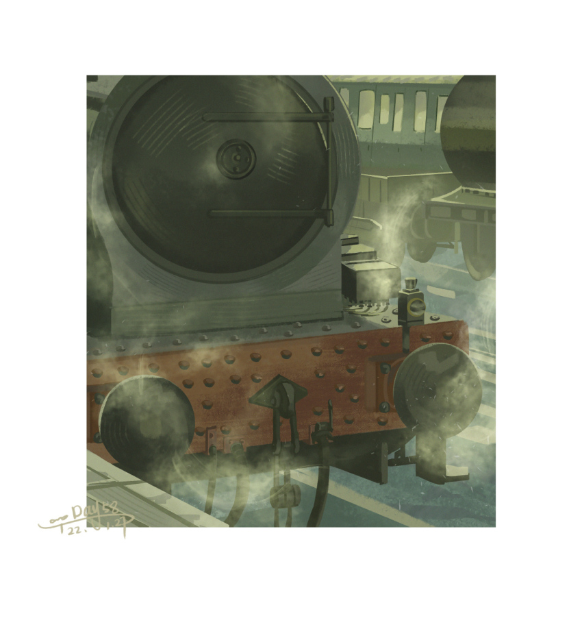 border chinese_commentary commentary_request dated highres indoors no_humans original sanshui_guantang signature steam train train_station vehicle_focus white_border