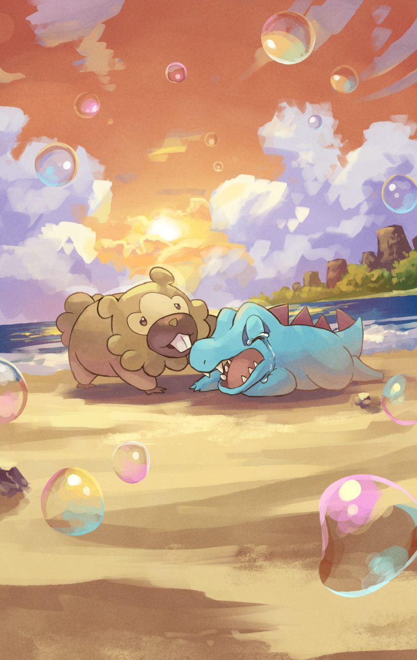 beach bidoof blue_skin brown_fur bubble cloud colored_skin commentary_request crocodilian crying dawn gen_2_pokemon gen_4_pokemon highres horizon lying nintendo no_humans on_stomach pokemon pokemon_(creature) pokemon_mystery_dungeon pokemon_mystery_dungeon:_explorers_of_time/darkness/sky sharp_teeth streaming_tears sunlight tail tears teeth totodile yamaori_(hakkentai_pokedan)