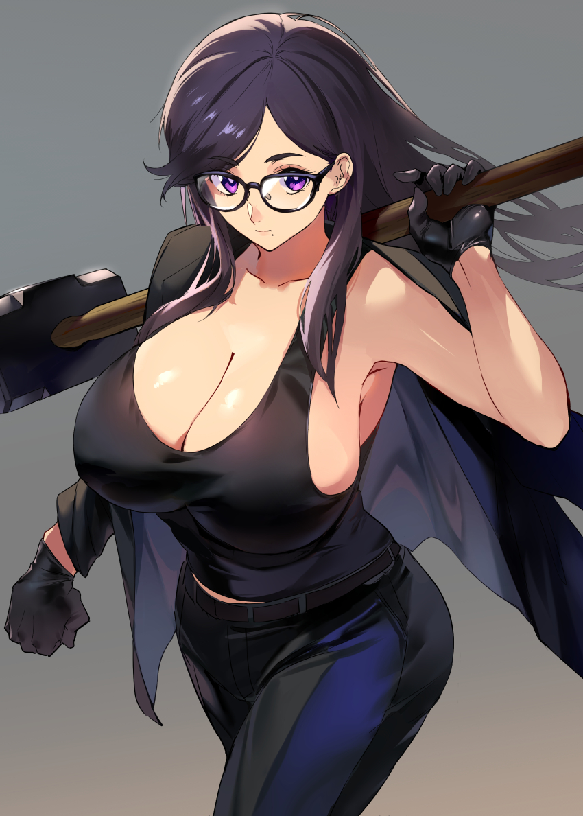 1girl absurdres belt black-framed_eyewear black_belt black_gloves black_hair black_pants black_tank_top breasts cleavage clenched_hand closed_mouth from_above glasses gloves grey_background hammer highres holding holding_hammer huge_breasts jacket jacket_on_shoulders long_hair minakata_hizuru mole mole_under_mouth negresco pants purple_eyes sledgehammer standing summertime_render swept_bangs tank_top