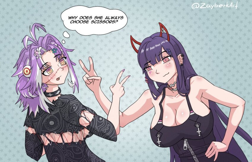 2girls akuma_nihmune antenna_hair bare_shoulders black_dress braid breasts character_hair_ornament choker cleavage dress ear_piercing earrings hair_ornament hairclip horns indie_virtual_youtuber jared_(michi_mochievee) jewelry large_breasts michi_mochievee michi_mochievee_(1st_costume) mole mole_under_eye multicolored_hair multiple_girls nail_polish open_mouth piercing pink_eyes purple_hair rock_paper_scissors single_braid smirk star_(symbol) star_hair_ornament stitched_face stitches streaked_hair upper_body v virtual_youtuber white_hair yellow_eyes zayberk zipper