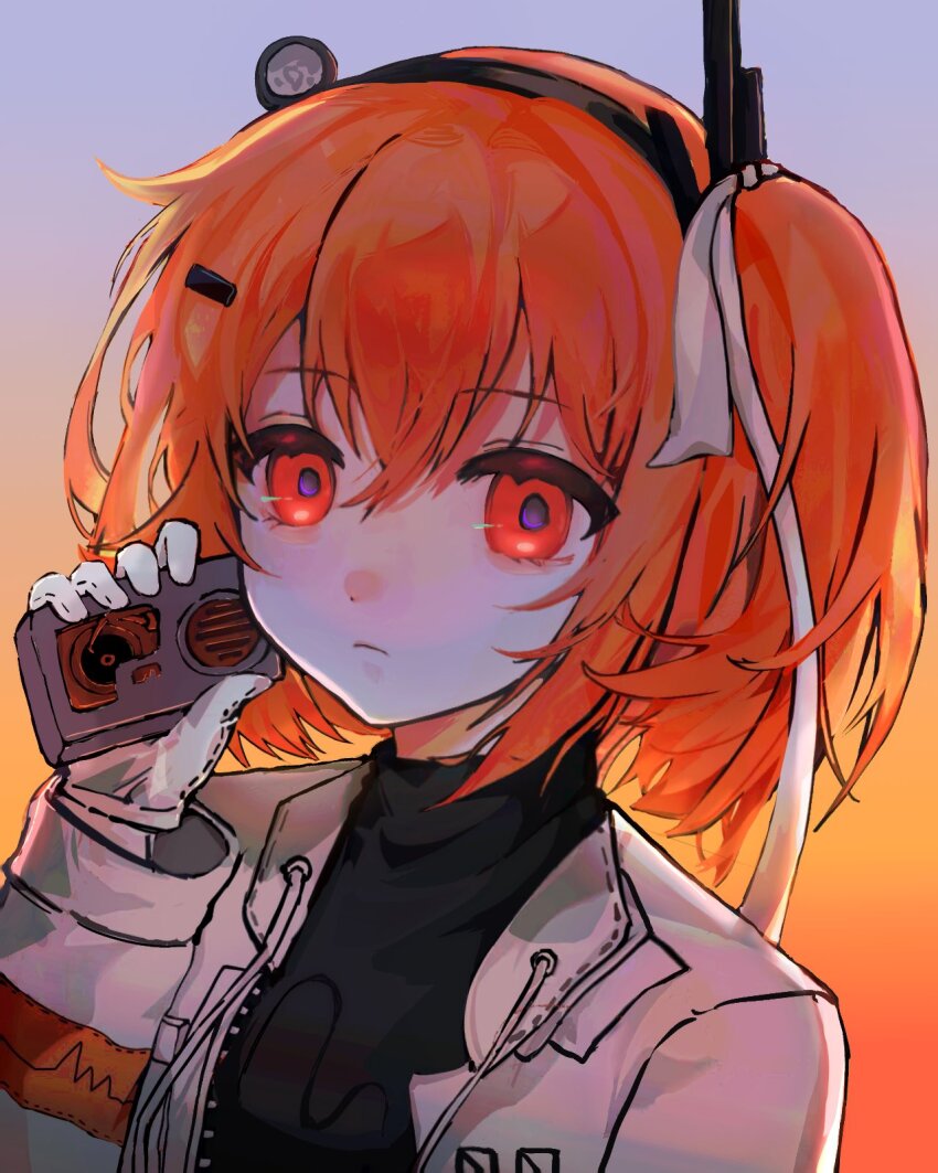 1girl a.i._voice adachi_rei black_shirt cassette_player chinese_commentary closed_mouth codoku_23 commentary_request gradient_background grey_background hair_between_eyes hair_ribbon hand_up headlamp highres holding jacket looking_at_viewer netsu_ijou_(utau) open_clothes open_jacket orange_background orange_eyes orange_hair radio_antenna ribbon shirt side_ponytail solo upper_body utau white_jacket white_ribbon zipper