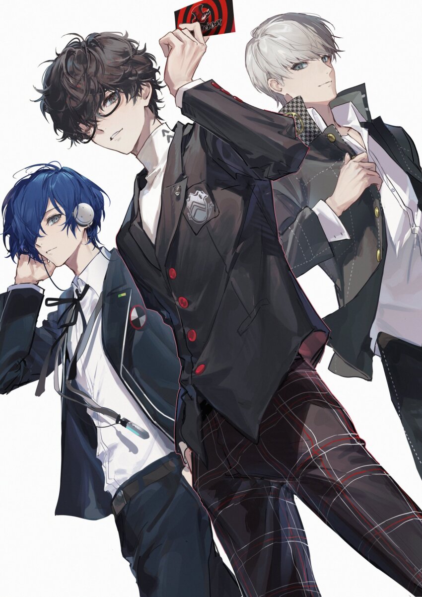 3boys absurdres amamiya_ren black-framed_eyewear black_hair black_jacket black_pants black_ribbon blue_hair calling_card collared_shirt digital_media_player doran_(doran7280) earphones gekkoukan_high_school_uniform glasses grey_eyes grey_hair hair_over_one_eye highres holding jacket long_sleeves looking_at_viewer male_focus multiple_boys narukami_yu neck_ribbon one_eye_closed open_clothes open_jacket pants persona persona_3 persona_4 persona_5 plaid_clothes plaid_pants ribbon school_uniform shirt shuujin_academy_school_uniform simple_background white_background white_shirt yasogami_school_uniform yuuki_makoto_(persona_3)