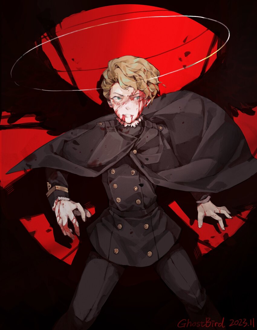 1boy black_cloak black_clover black_coat black_pants black_wings blood blood_from_forehead blood_from_mouth blood_on_face blood_splatter bloodshot_eyes blue_eyes brown_hair cloak coat cuts gold_buttons halo highres injury langris_vaude looking_at_viewer male_focus multiple_wings pants short_hair solo spotlight v-shaped_eyebrows wings xingji20108