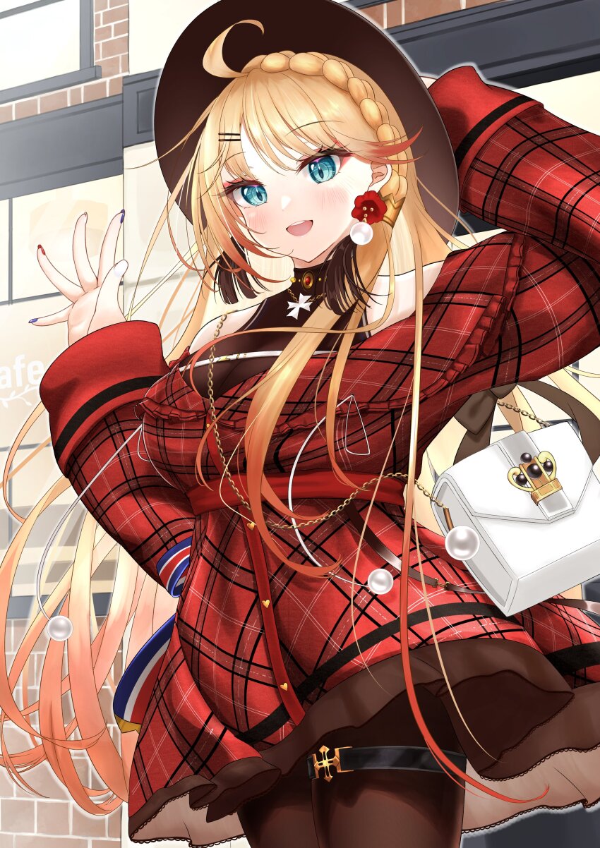 1girl absurdres ahoge azur_lane bag black_pantyhose blonde_hair blue_eyes blue_nails city dress gradient_hair hair_ornament hairclip halterneck handbag highres howe_(azur_lane) howe_(noble_rouge)_(azur_lane) jewelry long_sleeves looking_at_viewer multicolored_hair multicolored_nails nail_polish necklace open_mouth outdoors pantyhose plaid_clothes plaid_dress red_dress red_nails smile solo teeth thigh_strap tsuri_pi upper_teeth_only waving white_nails