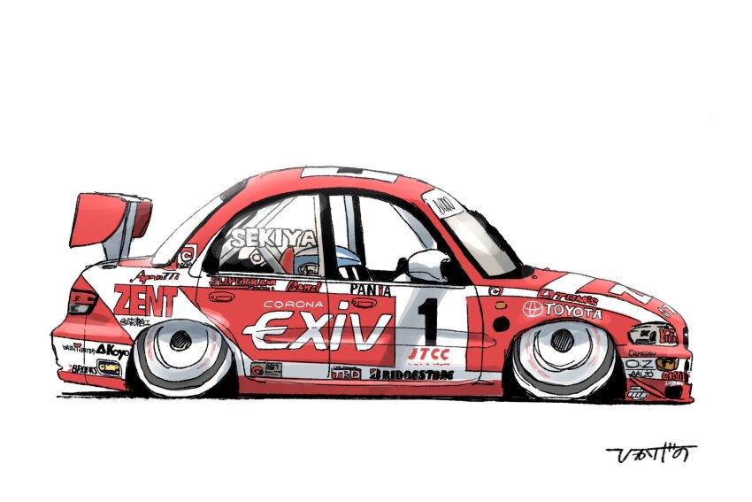 1other ambiguous_gender artist_name blue_helmet bridgestone car from_side helmet highres hikageno japanese_touring_car_championship motor_vehicle race_vehicle racecar spoiler_(automobile) sponsor toyota toyota_corona_exiv vehicle_focus white_background