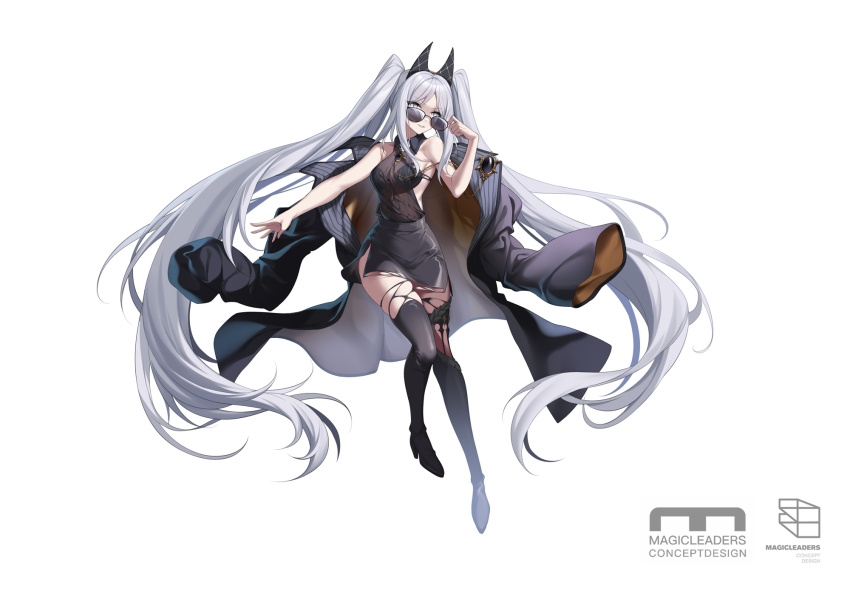 1girl absurdly_long_hair adjusting_eyewear backless_outfit black_boots black_bra black_coat black_shirt black_skirt boots bra breasts cartonbox_(zhixiang_zhi) chinese_commentary coat collared_shirt commentary_request concept_art copyright_name dated_commentary full_body gem grey_eyes grey_hair high_heel_boots high_heels highres long_hair looking_at_viewer magicleaders medium_breasts open_clothes open_coat oversized_clothes parted_lips red_gemstone see-through_clothes see-through_shirt shirt side_slit sidelocks skirt skull sleeveless sleeveless_shirt slit_pupils smile solo sunglasses teeth thigh_boots torn_boots twintails underwear unworn_coat very_long_hair white_background wide_sleeves