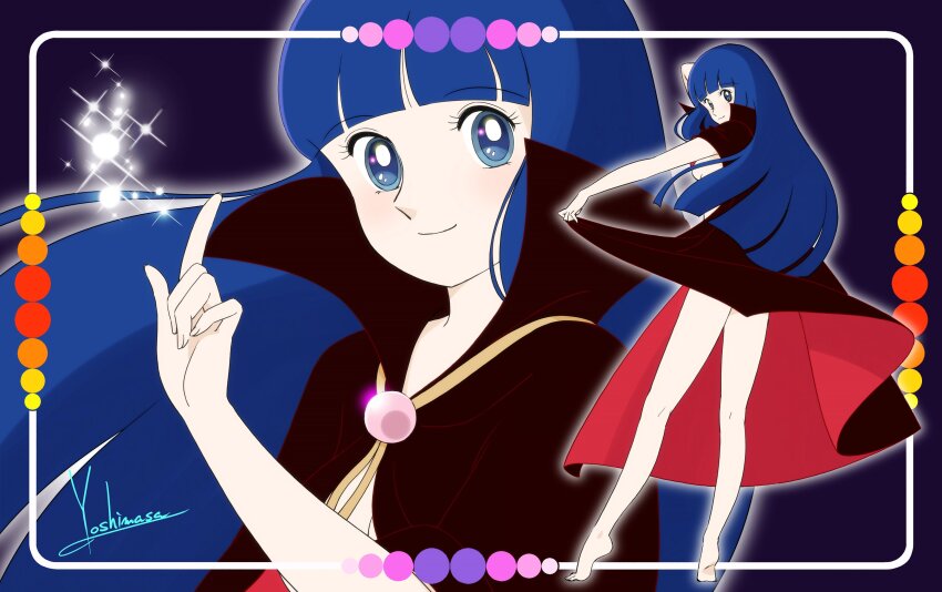 1girl absurdres arm_up artist_name black_cape blue_background blue_eyes blue_hair blunt_bangs breasts cape cape_hold cleavage closed_mouth commentary_request etou_ranze feet full_body gem hand_up high_collar highres index_finger_raised long_hair multiple_views naked_cape nose outline pink_gemstone portrait red_cape retro_artstyle sideboob signature simple_background small_breasts smile sparkle standing super_love_lotion thighs tiptoes toes tokimeki_tonight two-tone_cape very_long_hair white_outline yoshinaga_masahiro
