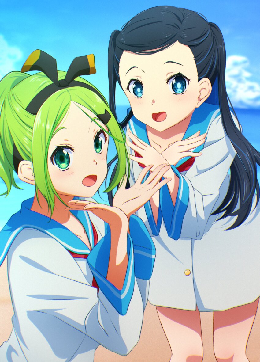 22/7 2girls absurdres aqua_eyes atri atri-my_dear_moments- atri_(cosplay) beach black_hair black_hairband blue_hair blue_sailor_collar bow bow_hairband cloud cosplay dress gradient_hair green_eyes green_hair hair_bow hair_ornament hairband hairclip half_updo high_ponytail highres igashiko kiryu_touko long_hair long_sleeves looking_at_viewer multicolored_hair multiple_girls neckerchief nishiura_sora ocean open_mouth outdoors parted_bangs ponytail red_neckerchief sailor_collar sailor_dress sky standing two-tone_bow two_side_up